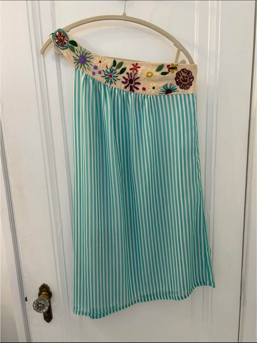 Judith March Turquoise & Cream One-Shoulder Striped Dress with Embroidered Waist